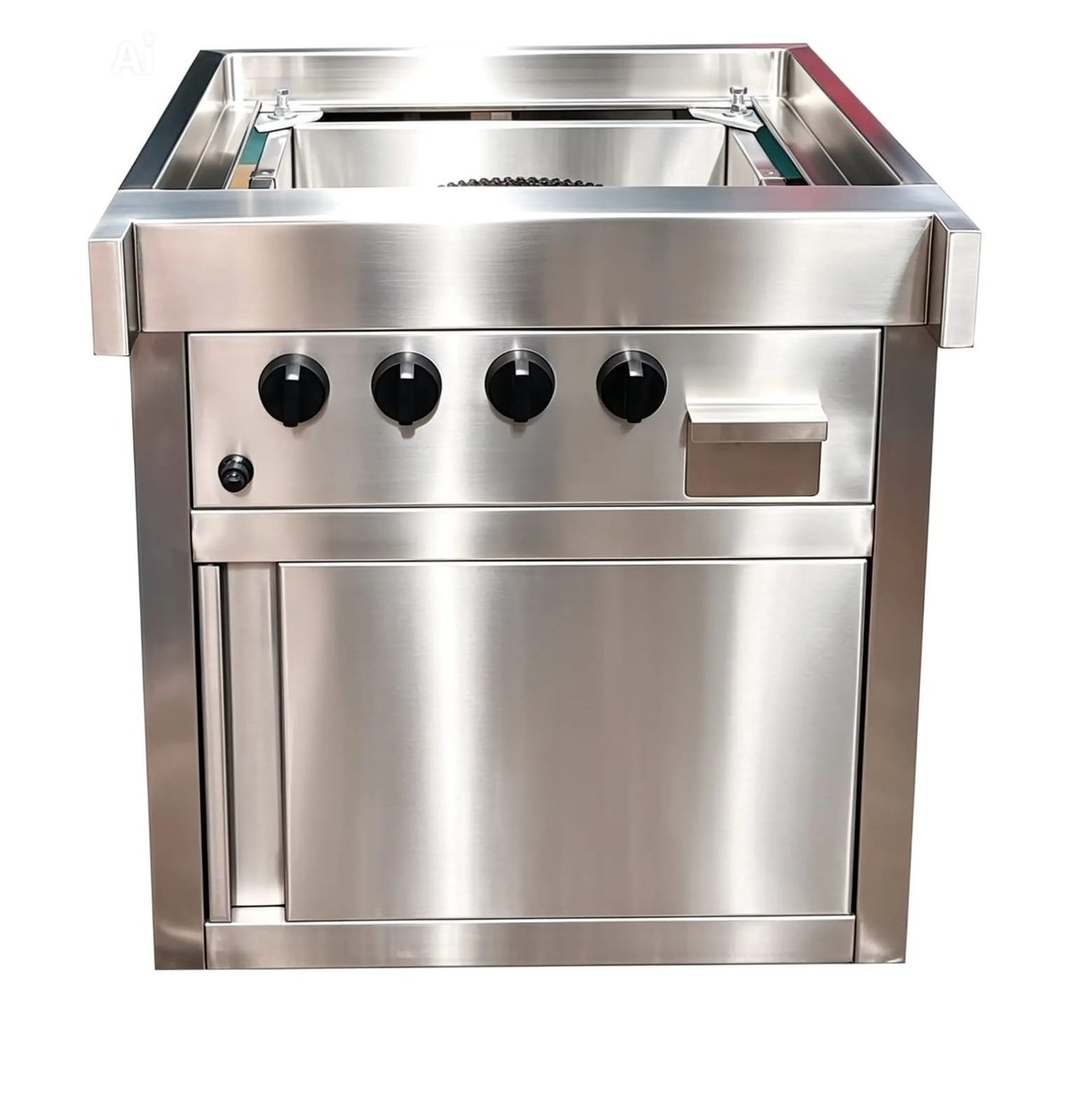 Stainless steel commercial cooking range with four burners and oven compartment below.