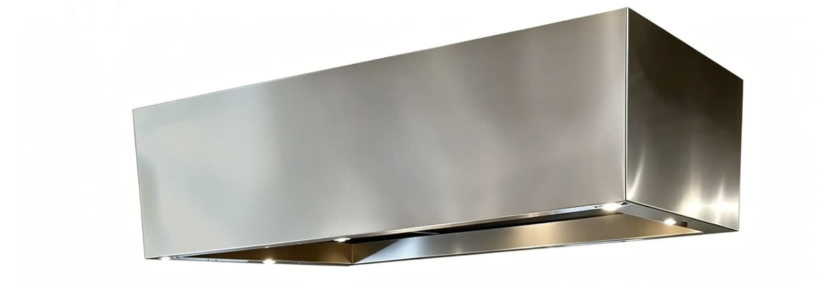 Modern stainless steel wall-mounted range hood with sleek metallic finish and angled design