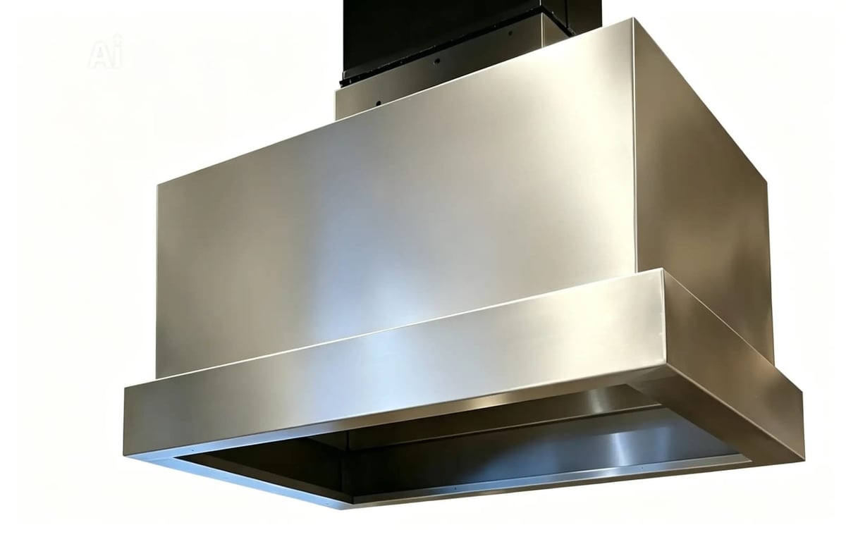 Stainless steel range hood with LED lighting mounted above a cooktop