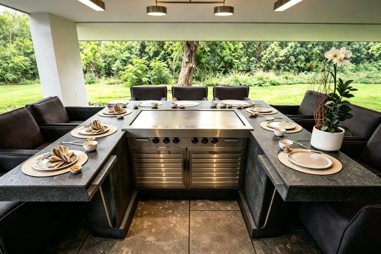 Modern outdoor kitchen with U-shaped black counters, built-in grill, place settings for six, and green landscape views