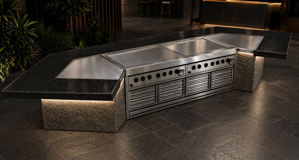 Modern outdoor kitchen with stainless steel built-in grill and countertop, integrated into a dark patio with ambient lighting