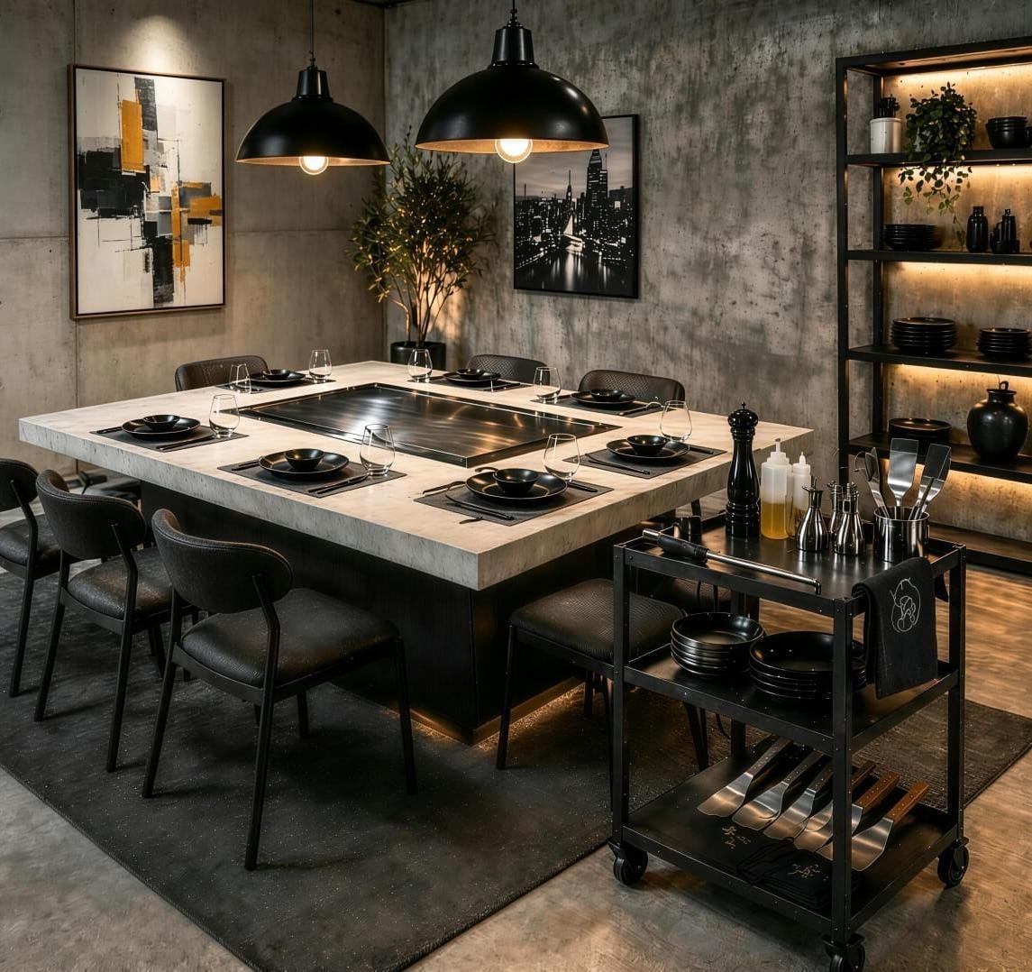 Modern kitchen with central cooking island, white marble countertop, black chairs, pendant lights, and exposed brick walls with shelving