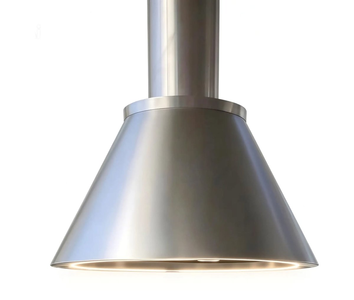 Stainless steel range hood with conical bell shape and ceiling-mounted cylinder duct