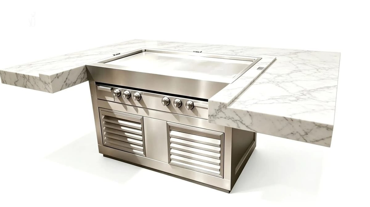 Stainless steel outdoor kitchen island with marble countertop, built-in grill, and refrigerated storage drawers