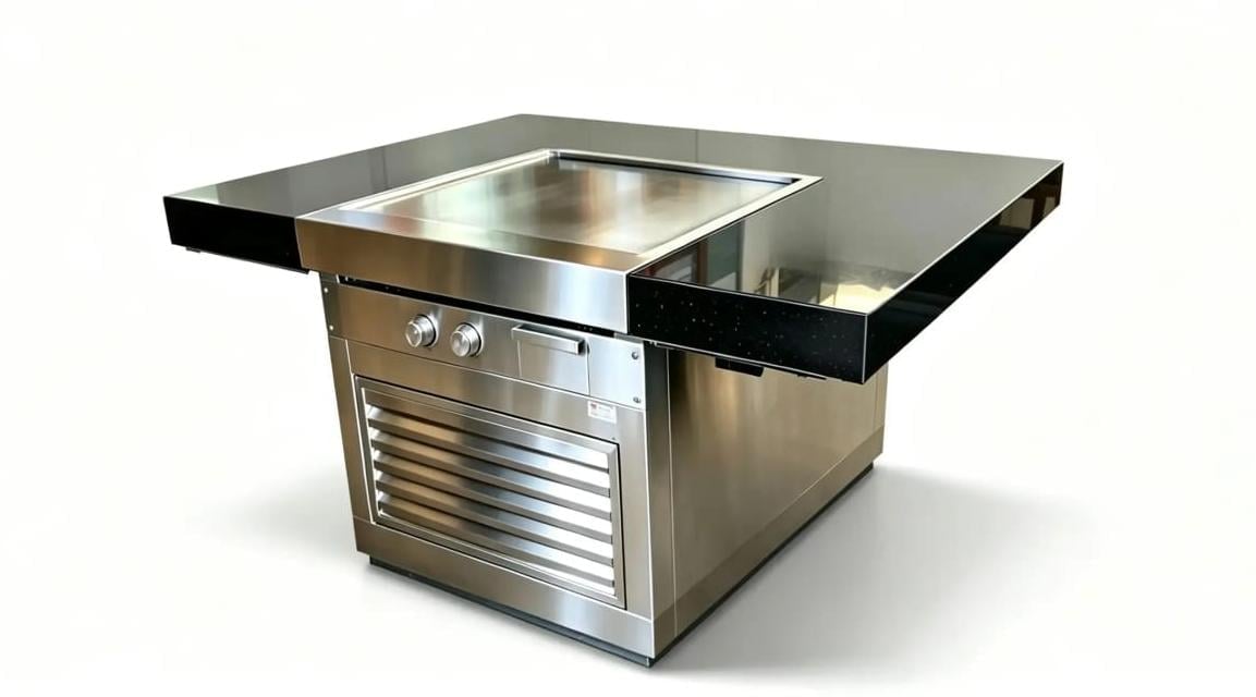 Stainless steel outdoor cooktop grill with black granite countertop and lower storage cabinet with vents