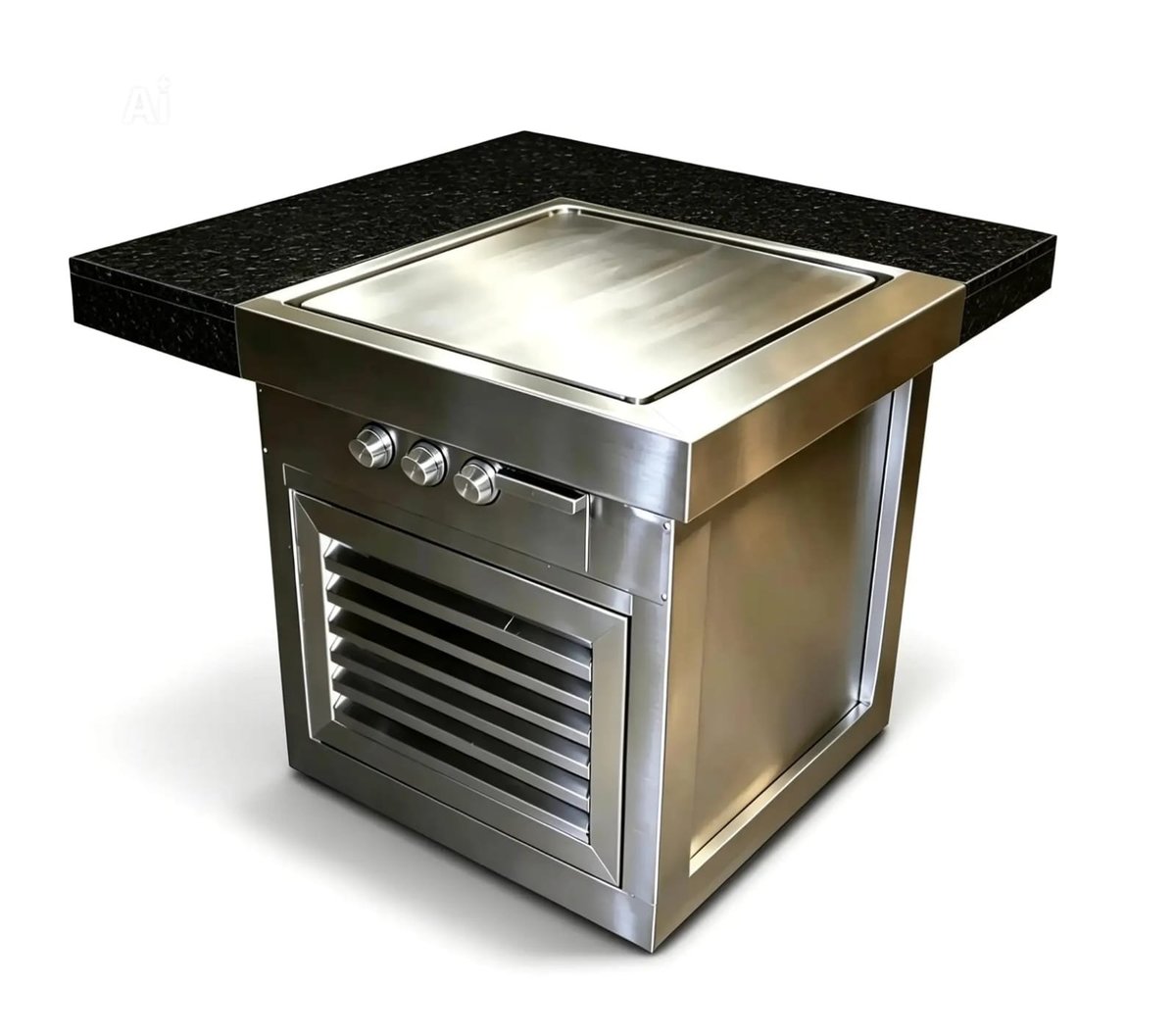 Stainless steel outdoor grill table with black granite top and control knobs