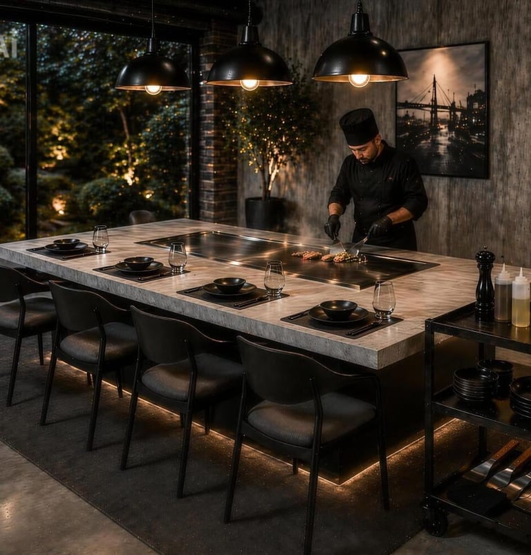 Chef prepares food at modern marble kitchen island with hanging pendant lights and dark seating area in upscale restaurant kitchen