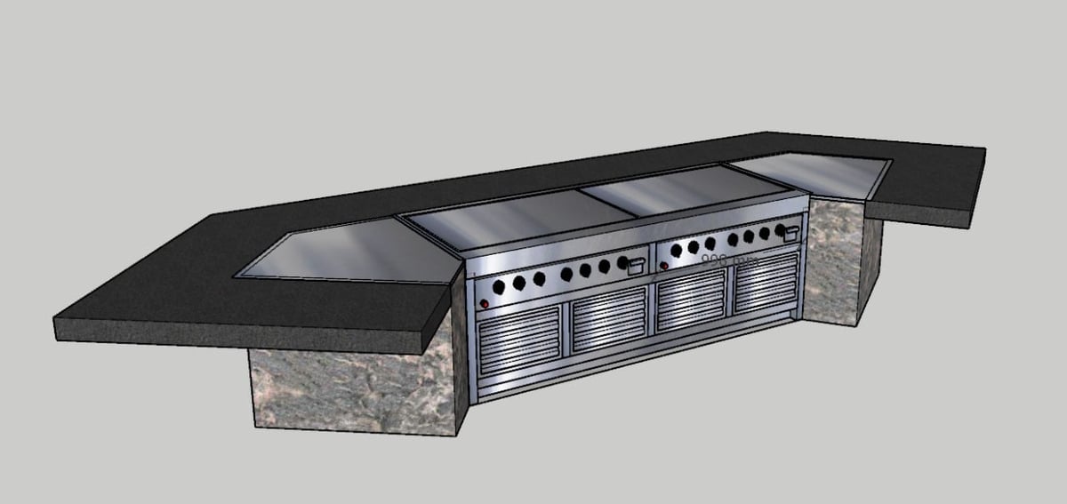 3D rendered outdoor kitchen with black metal hood, stainless steel burners, and stone supports on gray background