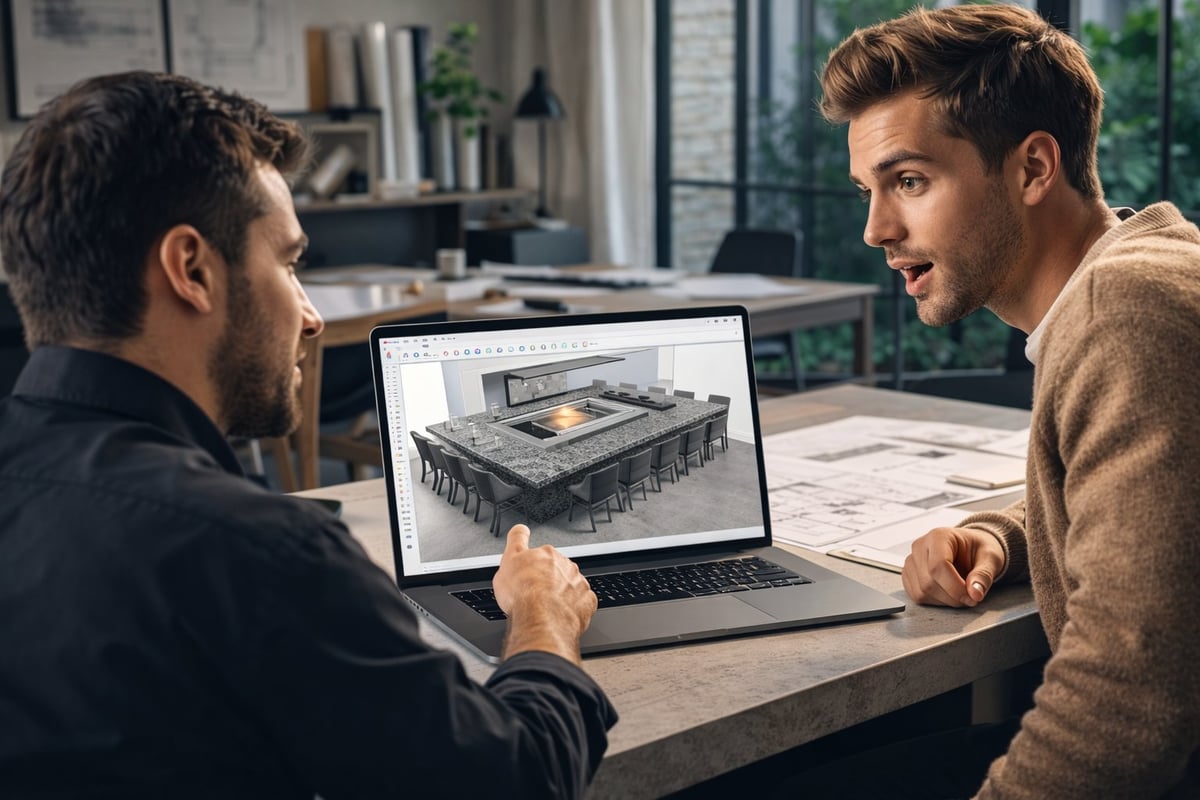 Two men discussing a 3D architectural building design on a laptop screen in a modern office workspace