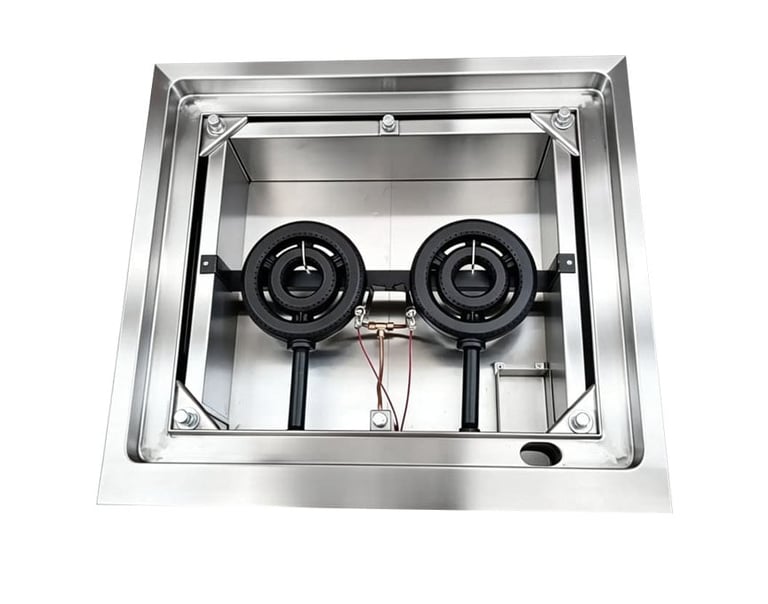 Top view of a stainless steel gas cooktop with two black burners and visible control mechanisms