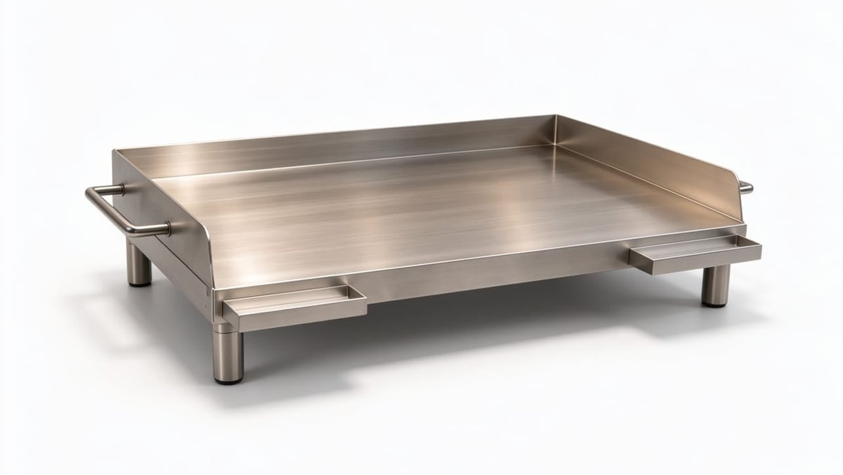 Stainless steel griddle with handles and metal legs on a white background