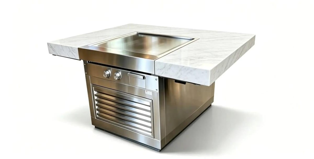 Stainless steel outdoor cooking unit with white marble countertop and built-in grill opening