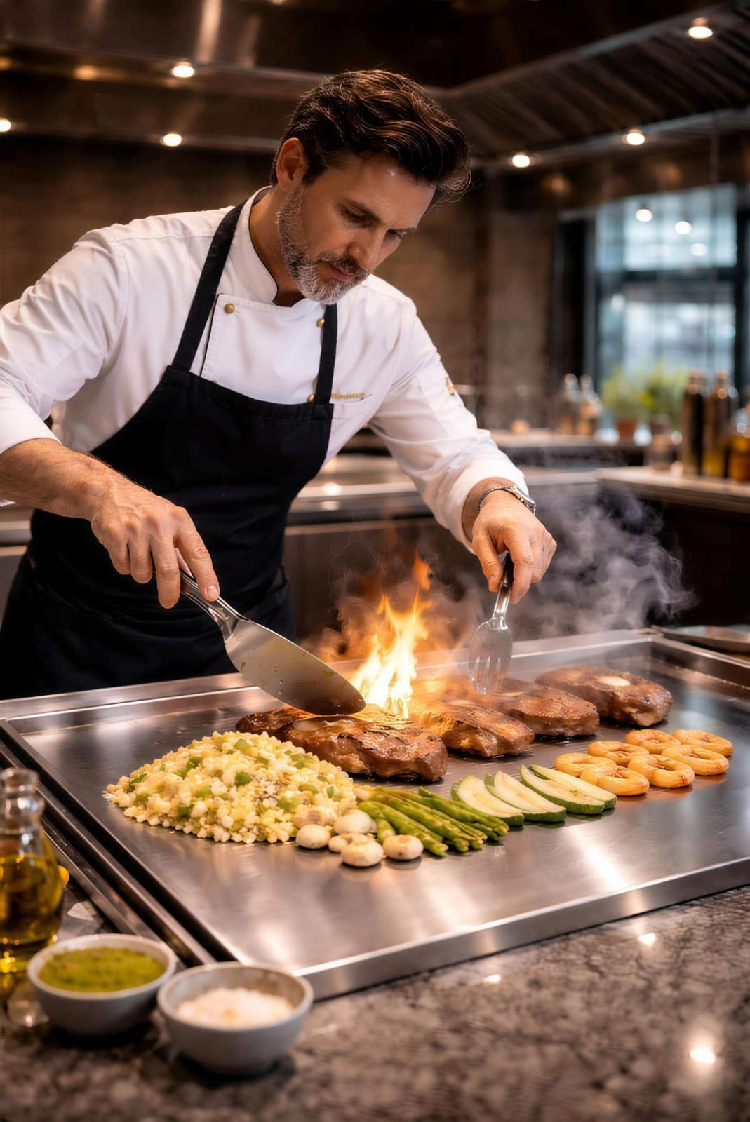 Chef in white shirt and black apron cooking on a flat griddle with flames, preparing vegetables and meat in a modern kitchen