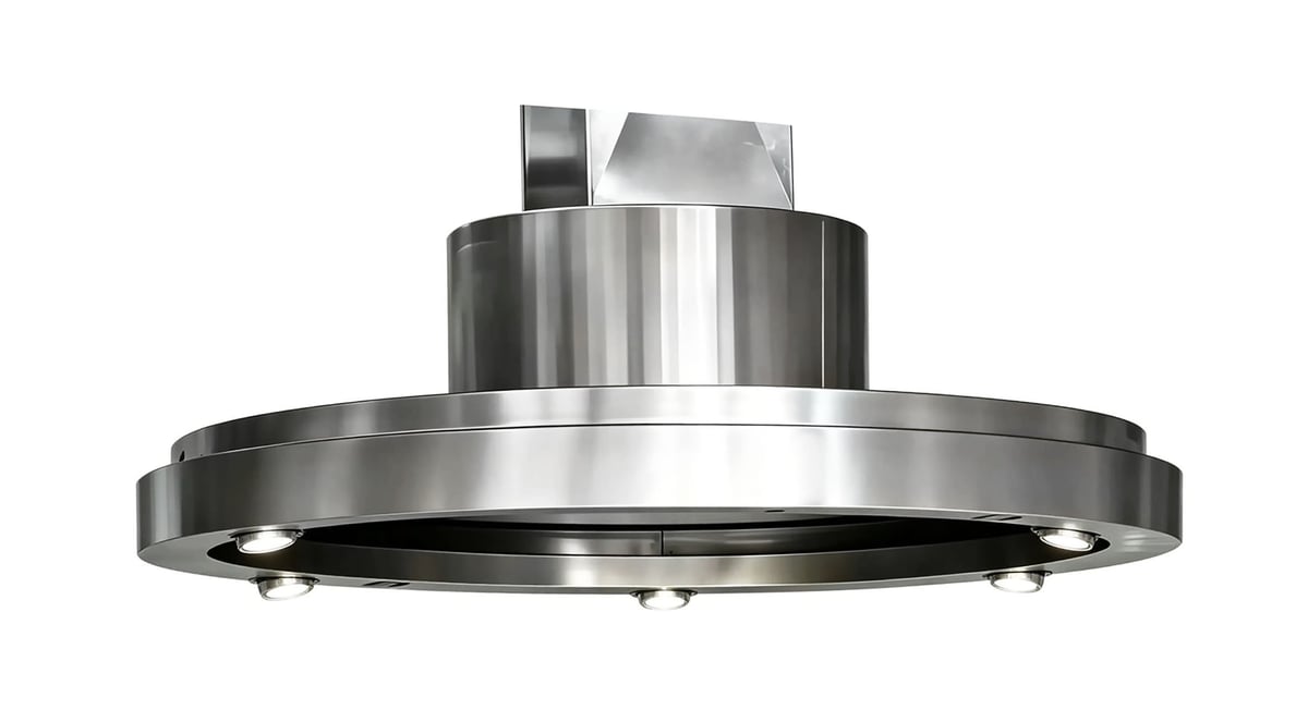 Stainless steel UFO-style ceiling light fixture with recessed LED housing and mounting bracket
