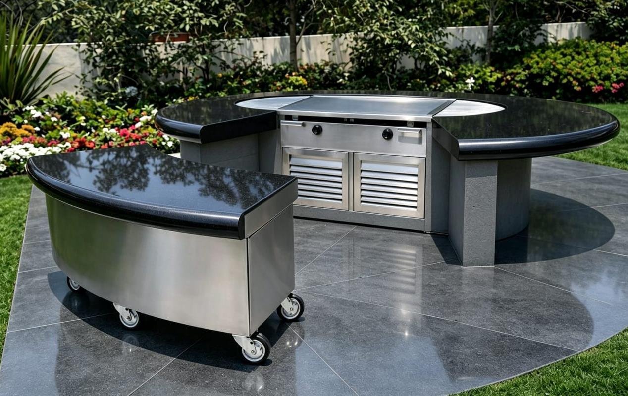 Outdoor kitchen setup with stainless steel grill and mobile cart on curved patio, lush garden backdrop