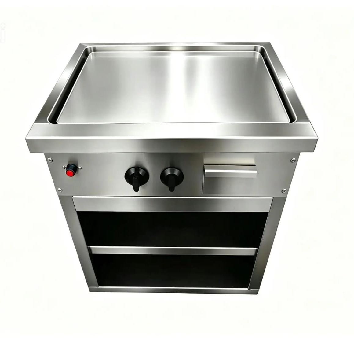 Stainless steel commercial flat top griddle cooker with two control knobs and red indicator light