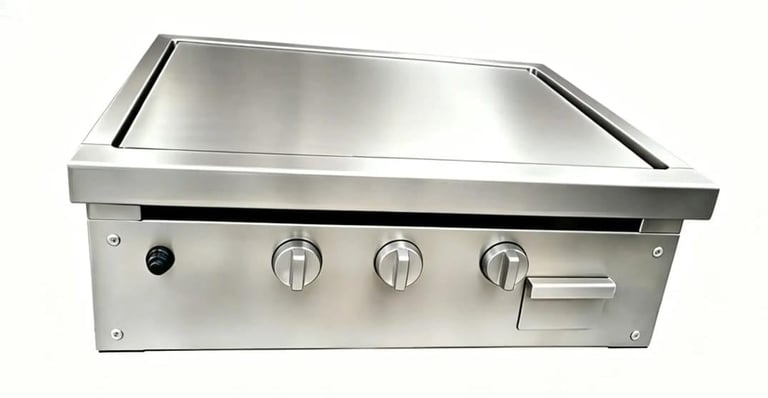 Stainless steel countertop griddle with three control knobs and a faucet handle on the front panel