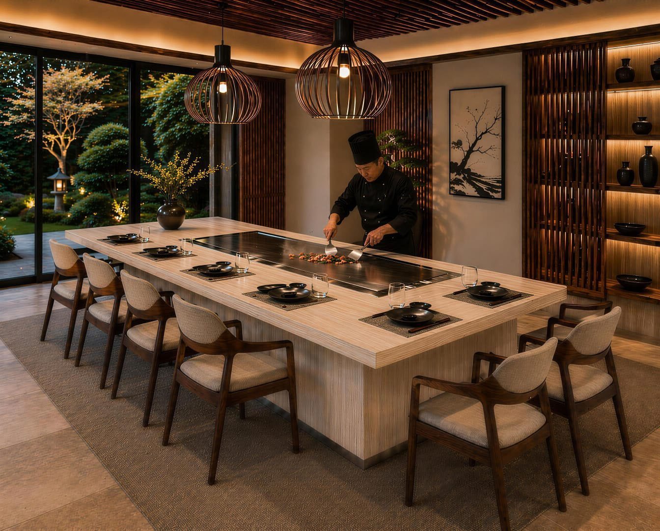 Modern dining room with long light wood table, wooden chairs, pendant lamps, and a chef preparing food, overlooking a garden through glass doors
