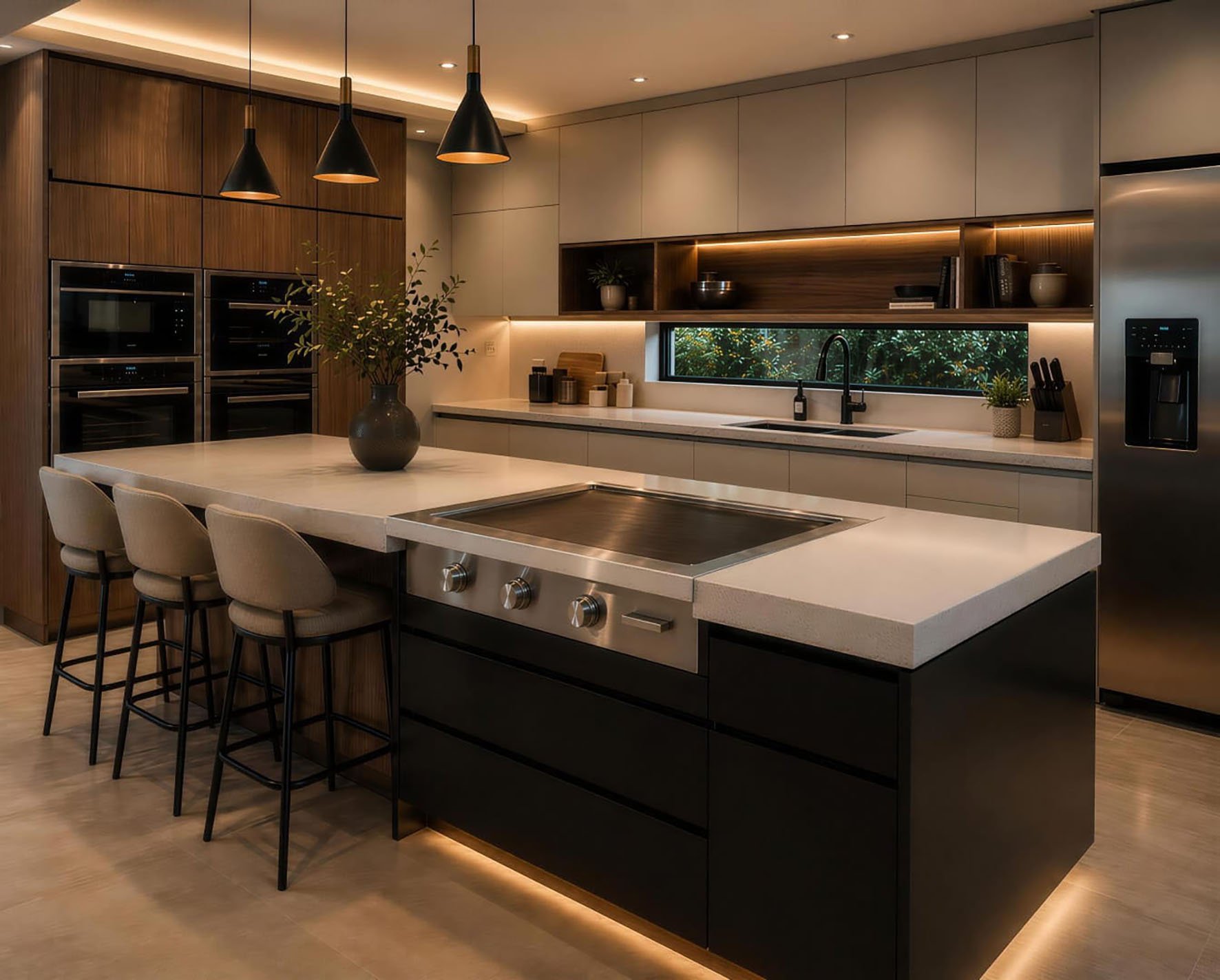 Modern kitchen with black island, white countertops, stainless steel appliances, pendant lights, and bar seating