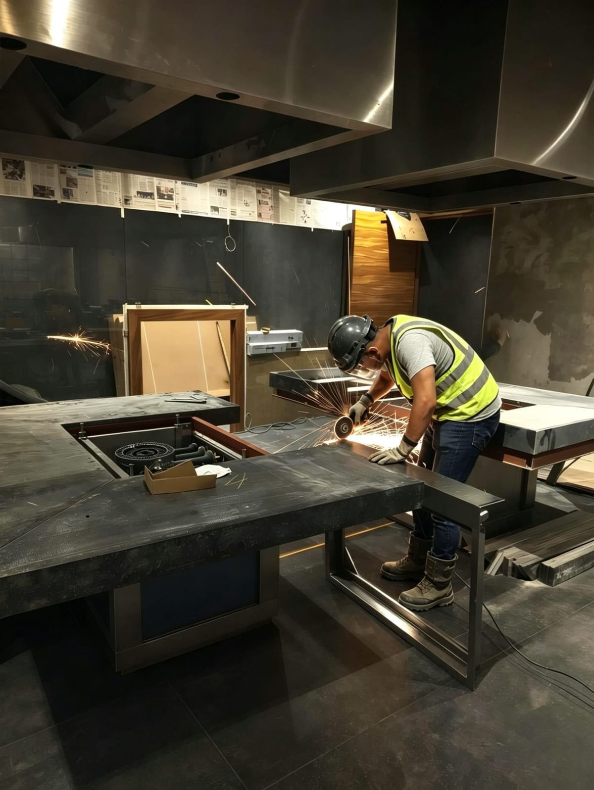 Worker in safety vest installing kitchen appliance at granite countertop during construction