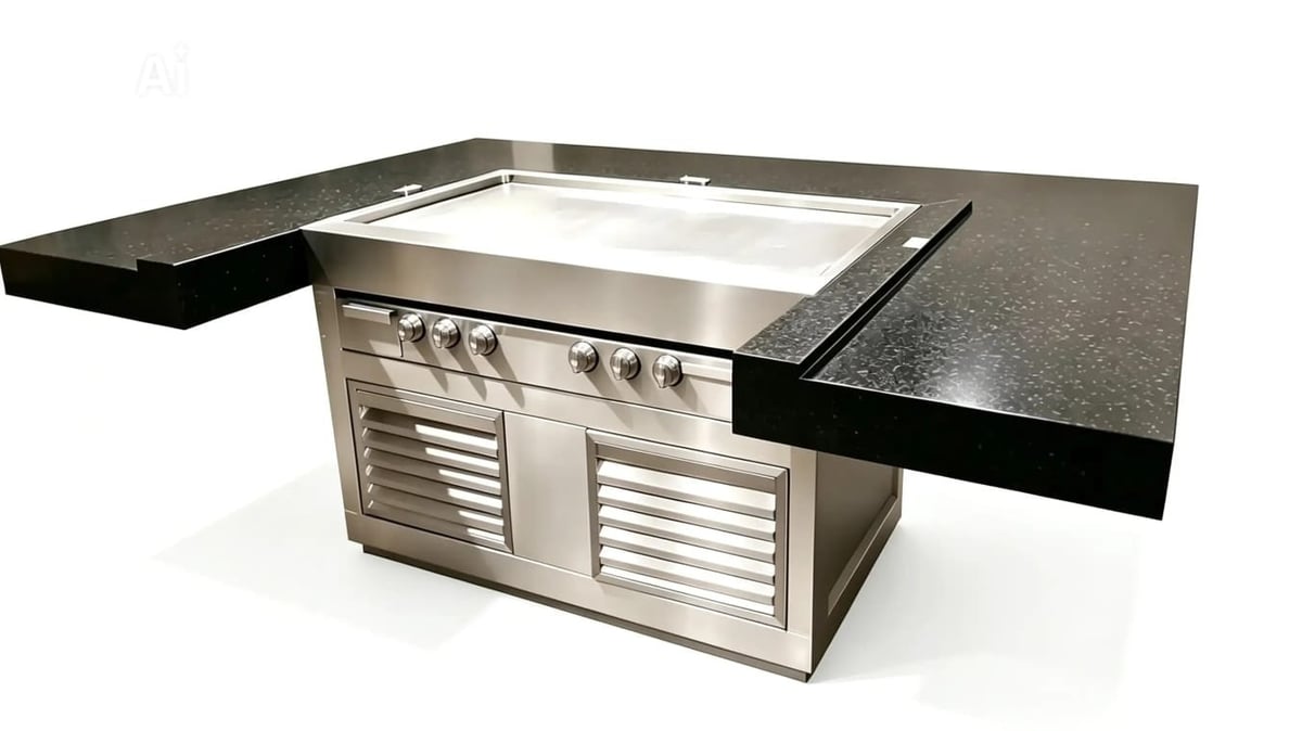 Stainless steel outdoor kitchen island with built-in grill, cooktop, and black granite countertop extensions on both sides.