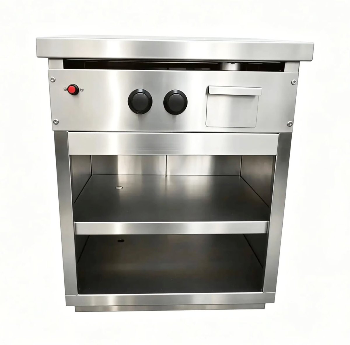 Stainless steel commercial range with two burners, open shelving below, and control knobs on front panel