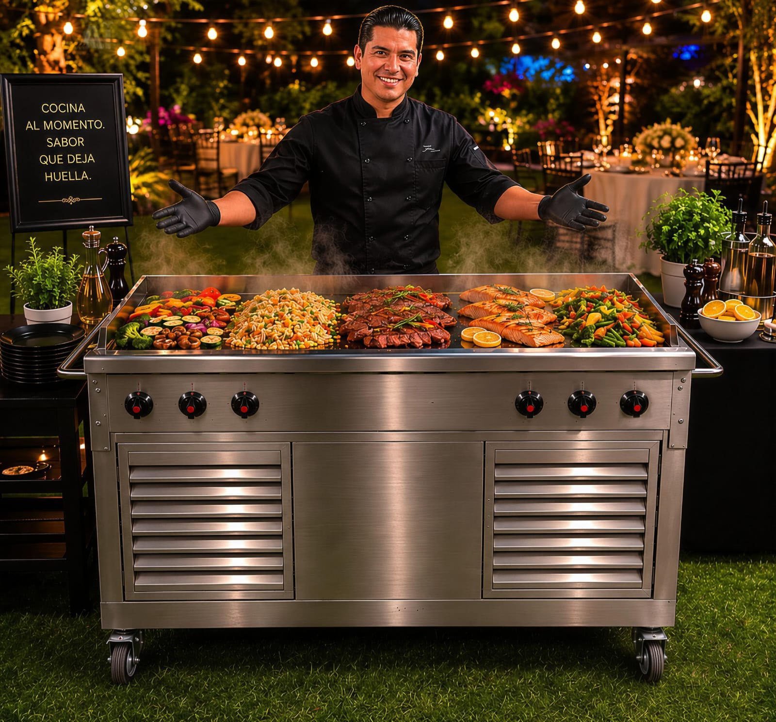 Chef in black shirt standing behind outdoor barbecue grill with various grilled foods, set in festive nighttime garden with string lights