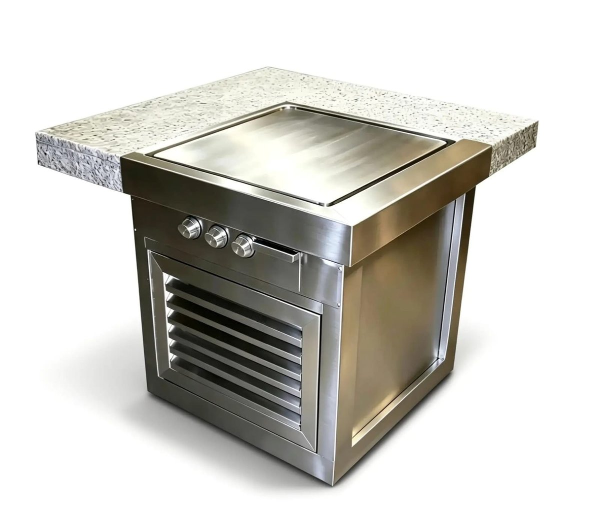 Stainless steel outdoor grill with granite countertop and storage cabinet below