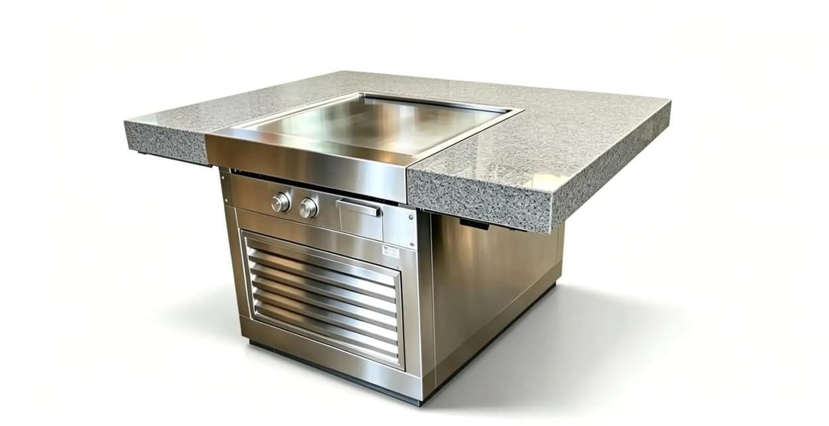 Stainless steel outdoor grill island with granite countertop and built-in cooking surface