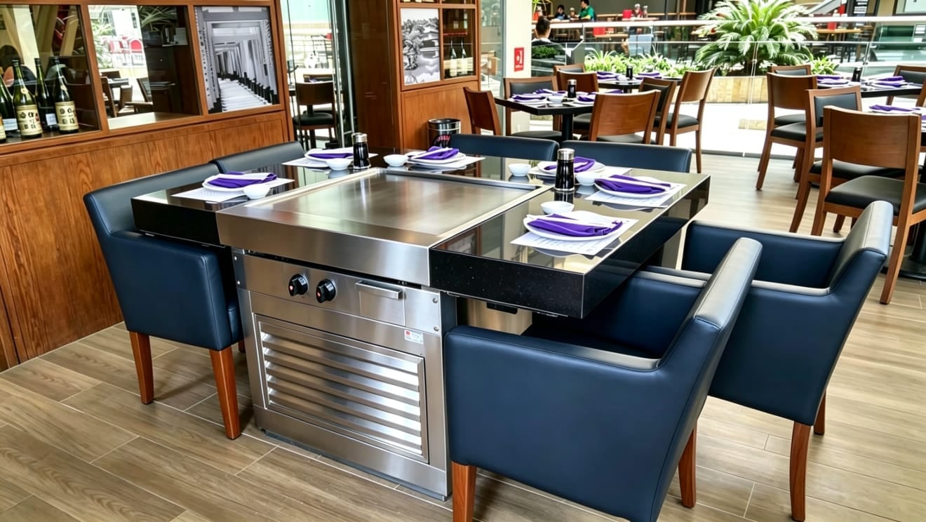 Modern kitchen showroom display featuring a stainless steel island with blue upholstered seating and place settings
